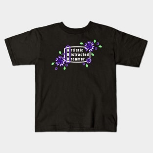 ADD. Artistic Distracted Dreamer. With Purple Flowers Kids T-Shirt